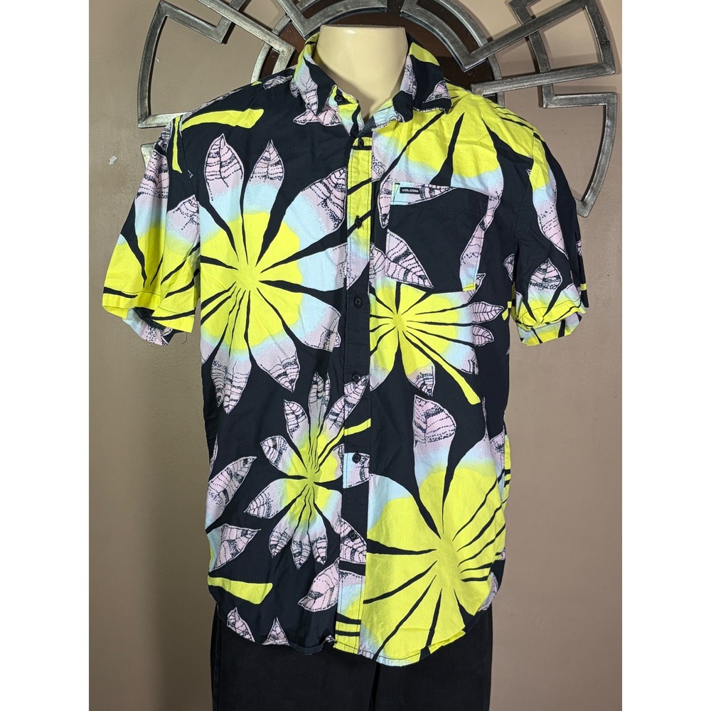 Volcom Mens XL Classic Fit Floral Leaf Print Button Down Shirt Black Neon Yellow